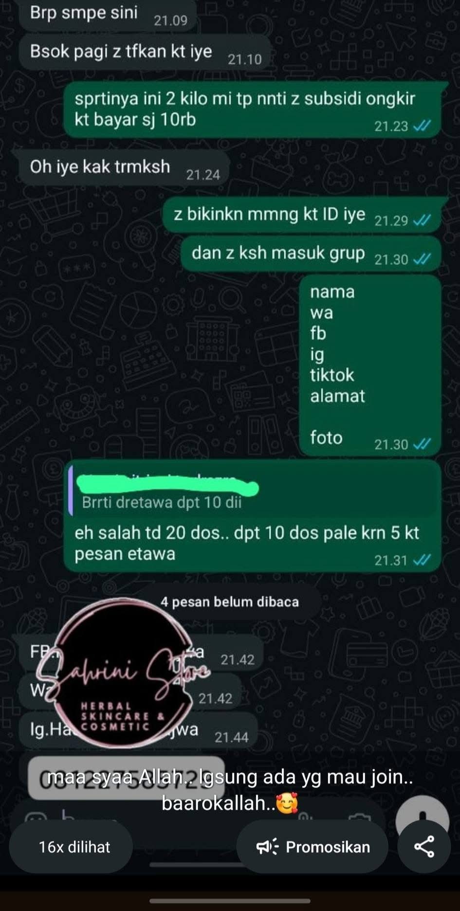Bukti calon mitra Sahrini