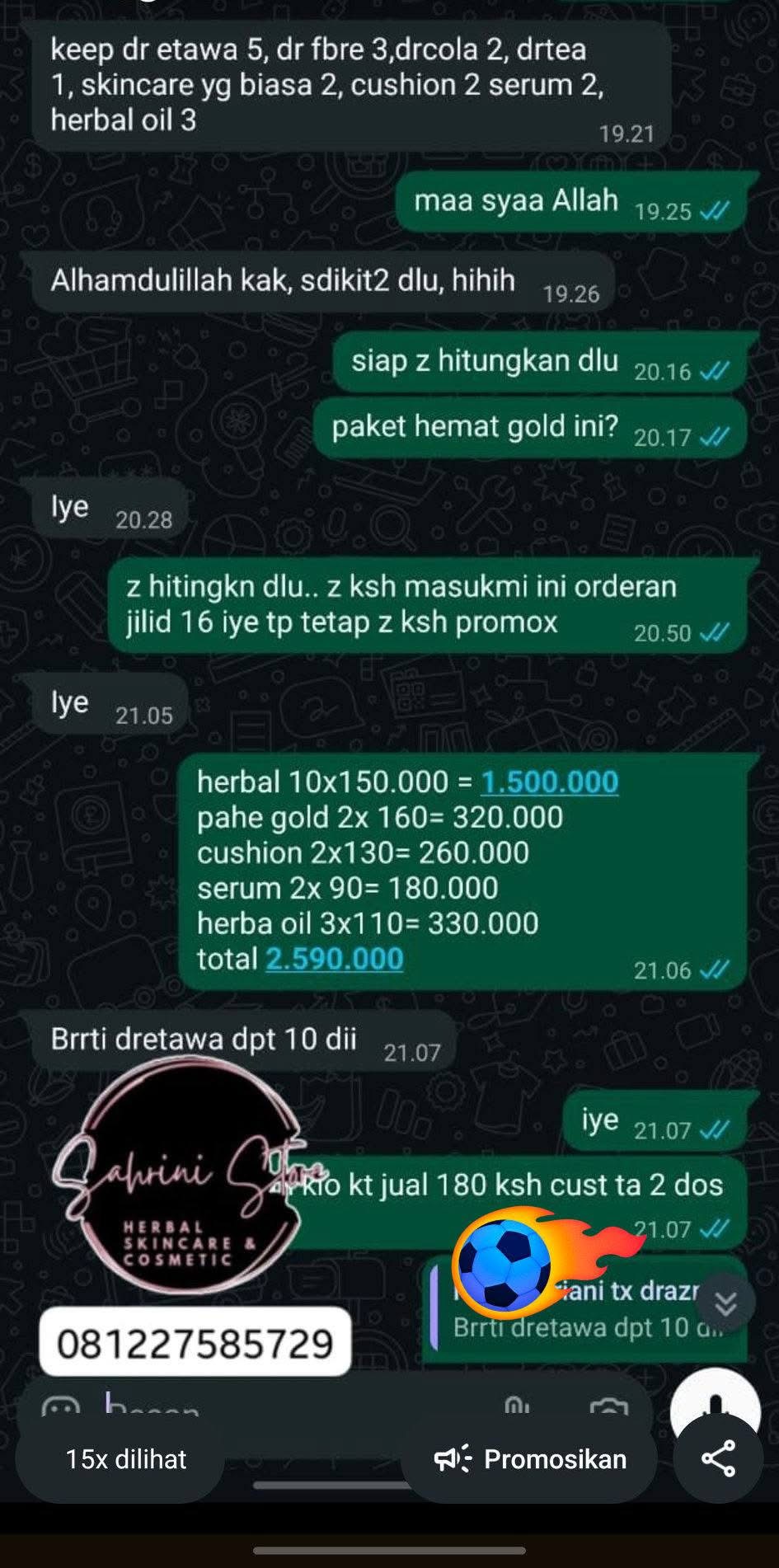 Bukti order pelanggan Sahrini