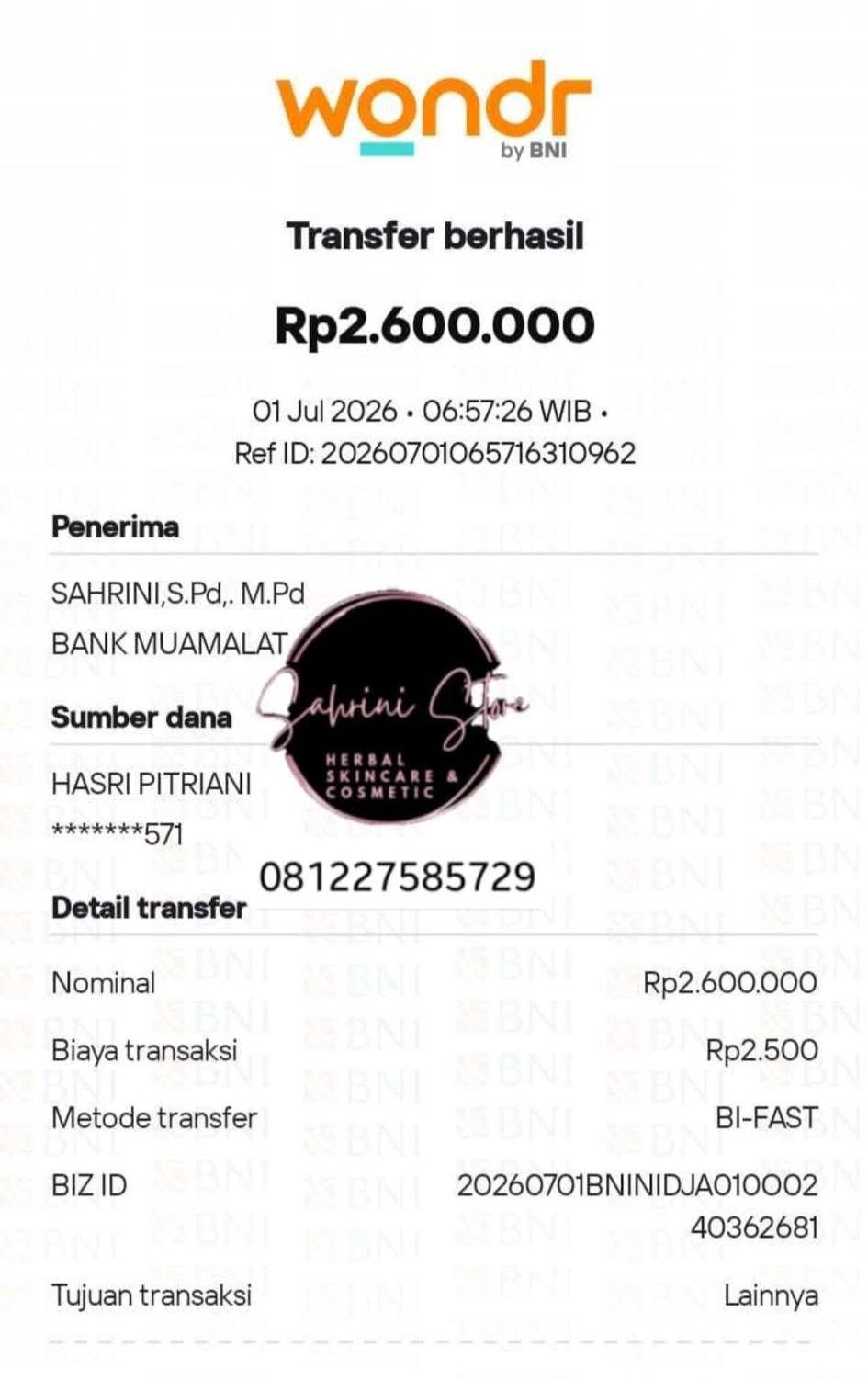 Bukti transfer pelanggan Sahrini